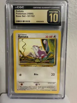 CGC Pristine 10 Rattata Base Set Card 61/102 Vintage 1999 Pokemon TCG - Image 1