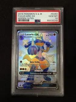 Lucario GX SV64/SV94 Hidden Fates Full Art Rare PSA 10 Gem Mint Pokemon Card - Image 1