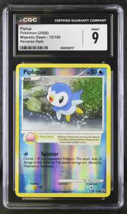 CGC 9 MINT Piplup 2008 Majestic Dawn 72/100 Reverse Holo Pokemon Card - Image 1