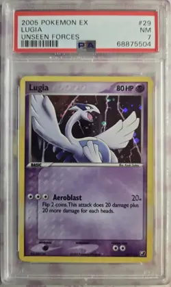 2005 POKEMON EX UNSEEN FORCES COSMOS #29 LUGIA-HOLO PSA 7 SWIRL - Image 1