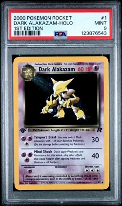 2000 POKEMON ROCKET 1ST ED #1 DARK ALAKAZAM-HOLO PSA 9 - Image 1