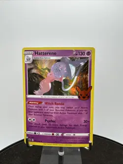 Pokemon TCG Hatterene Halloween Trick Or Trade Stamped Card 073/198 Holo Rare - Image 1