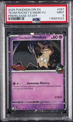2025 POKEMON DRI EN-DESTINED RIVALS PRERELEASE-STAFF TEAM ROCKET'S MIMIKYU PSA 9 - Image 1