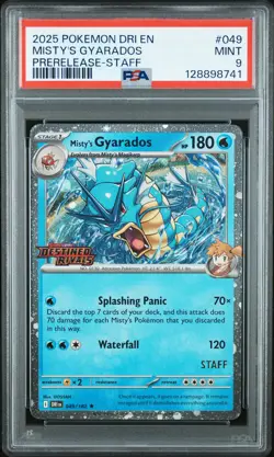2025 POKEMON DRI EN-DESTINED RIVALS PRERELEASE-STAFF #049 MISTY'S GYARADOS PSA 9 - Image 1