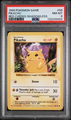 Pikachu Red Cheeks 58/102 Base Set Shadowless Regular WOTC Vintage Pokemon PSA 8 - Image 1