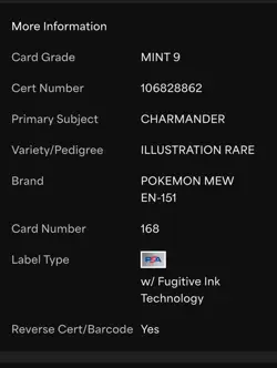 2023 POKEMON MEW EN-151 ILLUSTRATION RARE #168 CHARMANDER PSA 9 (PRIORITY SHIP!) - Image 3