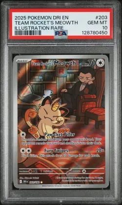 2025 Pokemon Destined Rivals Team Rocket's Meowth Illustration Rare PSA 10 #203 - Image 1