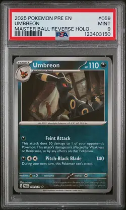 2025 Pokemon Prismatic Evolutions Umbreon Master Ball Reverse Holo PSA 9 #059 - Image 1