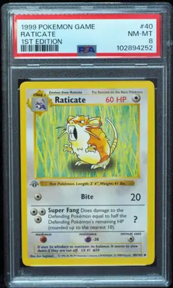 1st Edition Shadowless Raticate 40/102 Base Set Pokemon Card PSA 8 - Image 1