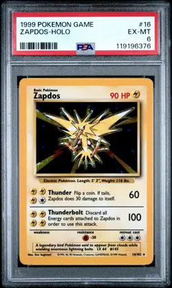 1999 POKEMON BASE SET UNLIMITED #16 ZAPDOS-HOLO PSA 6 - Image 1