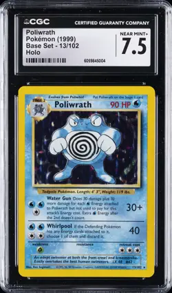 1999 POKEMON BASE SET UNLIMITED HOLO #13/102 POLIWRATH CGC 7.5 - Image 1