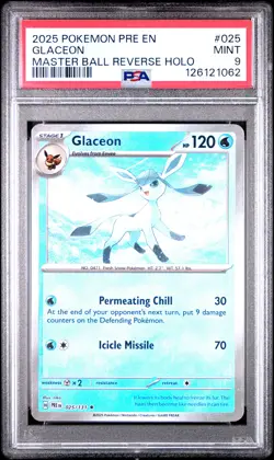 2025 POKEMON PRE EN-PRISMATIC EVOLUTIONS MASTER BALL REVERSE HOLO GLACEON PSA 9 - Image 1
