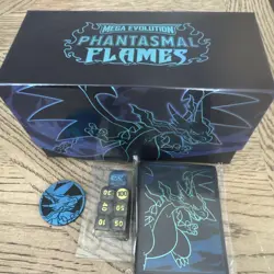 Pokemon Phantasmal Flames ETB Mega Charizard Sleeves Coin Dice and Box *NO PROMO - Image 1