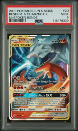2019 POKEMON SUN & MOON UNBROKEN BONDS #20 RESHIRAM & CHARIZARD GX PSA 9 - Image 1