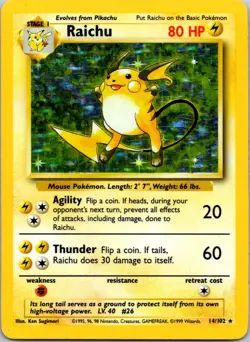 Pokemon TCG Raichu Base Set Holo Unlimited Rare Card 14/102 LP-MP - Image 1