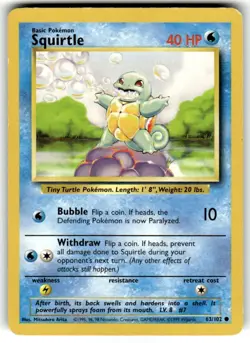 Base Set Pokemon TCG Squirtle 63/102 Unlimited LP - Image 1