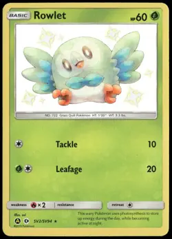 Rowlet SV2/SV94 Hidden Fates Shiny Vault Holo Rare Pokemon Card Near Mint-3 - Image 1