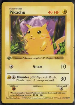 Pokemon Pikachu 58/102 Base Set 1st Edition SHADOWLESS Lightly Played - Image 1