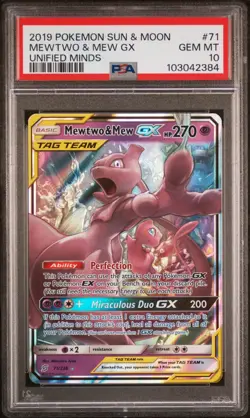 Pokemon SM Sun & Moon Unified Minds Mewtwo & Mew GX 71/236 Tag Team PSA 10 - Image 1