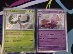 Pokemon TCG Paldean Fates Tinkatuff 166/091 & Arboliva 104/091 Shiny Holo Card - Image 1
