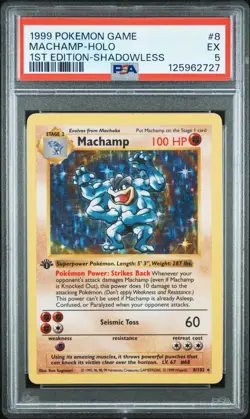 1999 POKEMON BASE SET 1ST EDITION-SHADOWLESS #8 MACHAMP-HOLO PSA 5 - Image 1