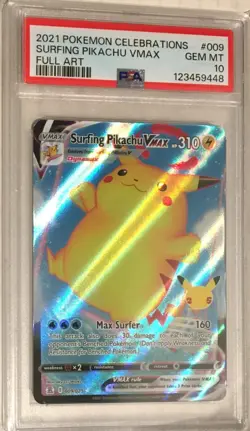 2021 Pokemon SWSH Celebrations PSA 10 Surfing Pikachu VMAX FULL ART Holo #009 - Image 1