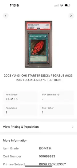 PSA 6 2003 YU-GI-OH! STARTER DECK: PEGASUS #033 RUSH RECKLESSLY 1ST EDITION - Image 3