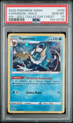 Vaporeon - PSA 10 Cosmos Holo Collector Chest Vivid Voltage Pokemon Card Low Pop - Image 1