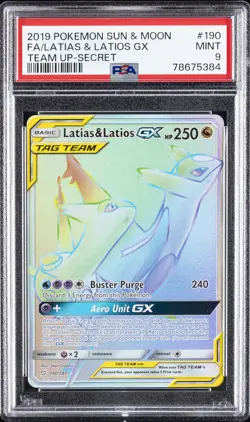 2019 POKEMON SUN & MOON TEAM UP SECRET #190 FULL ART/LATIAS & LATIOS GX PSA 9 - Image 1