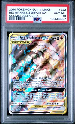 2019 POKEMON SUN & MOON COSMIC ECLIPSE #222 FULL ART/RESHIRAM & ZEKROM GX PSA 10 - Image 1