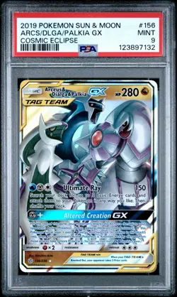 2019 POKEMON SUN & MOON COSMIC ECLIPSE #156 ARCEUS & DIALGA & PALKIA GX PSA 9 - Image 1