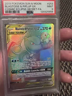 PSA 9 Pokemon 2019 Sun&Moon Cosmic Eclipse Blastoise/Piplup GX Secret FA #253 - Image 1