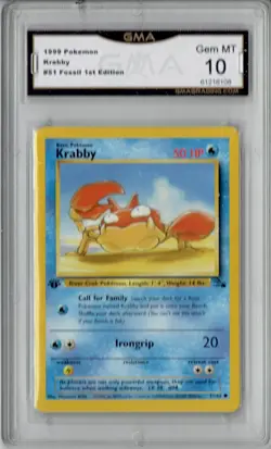 1999 Pokemon Krabby 1st Edition 51/62 GMA PSA 10 (Fossil) - Image 1