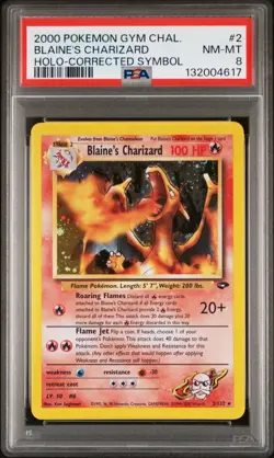 PSA 8 Blaine's Charizard Gym Challenge 2/132 Corrected Symbol Holo Pokemon Card - Image 1