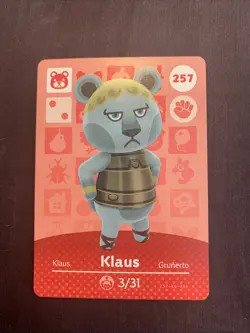 Animal Crossing Amiibo Card Series 3 Klaus #257 257-KG-AOE LP Ships Fast - Image 1