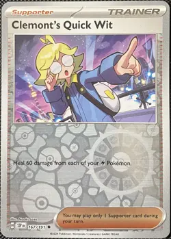 Clemont's Quick Wit 167/191 Sv08: Surging Sparks Reverse Holo Pokemon Card - Image 1