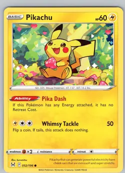 Pokemon TCG Pikachu SWSH Lost Origin 052/196 Regular Common Card NM - Image 1