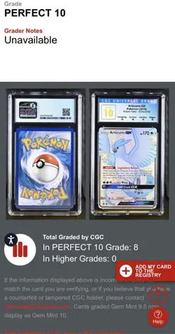 CGC Perfect 10 (Pop 8) Articuno GX Pokemon 2019 Hidden Fates SV54/SV94 GRAIL!!! - Image 3