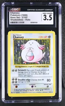 CGC 3.5 Chansey 1999 Base Set 3/102 Shadowless Holo Pokemon Card - Image 1