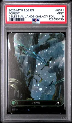 2025 MTG EDGE OF ETERNITIES CELESTIAL LANDS-GALAXY FOIL #0371 FOREST PSA 9 - Image 1