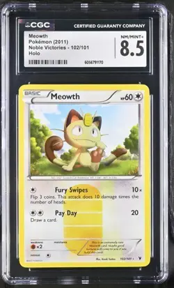 Meowth Holo CGC 8.5 NM/MINT+ Pokemon (2011) Noble Victories #102/101 - Image 1