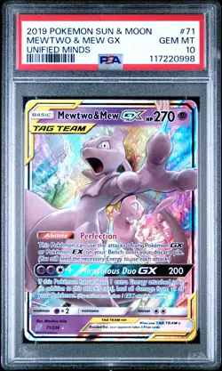 2019 POKEMON SUN & MOON UNIFIED MINDS #71 MEWTWO & MEW GX PSA 10 - Image 1