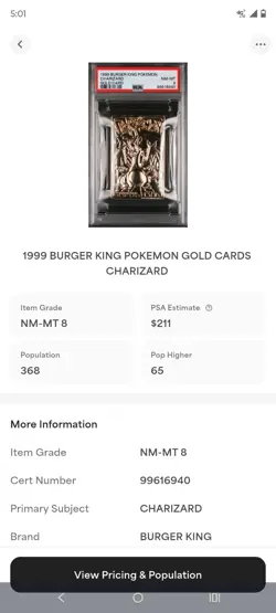1999 Burger King Pokemon Charizard Golden Card PSA Nm-mt 8 - Image 3