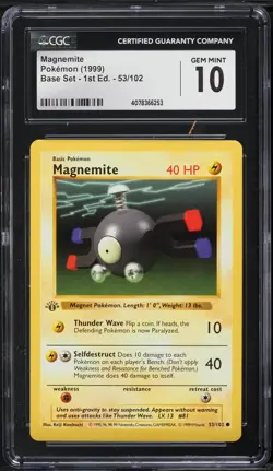 1999 Pokemon Base Set Shadowless 1st Edition Magnemite #53 CGC 10 English 53/102 - Image 1