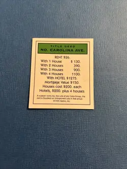 1998 Monopoly Property Deed Card NORTH CAROLINA AVENUE Game Piece Part - Image 1