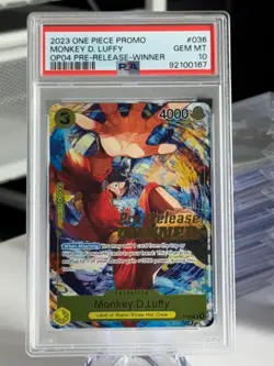 Monkey D. Luffy Winner P-036 OP04 Pre-Release Promo One Piece Card PSA 10 - Image 1