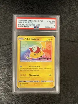 PSA 9 ASH'S PIKACHU SM108 BLACK STAR PROMO SUN & MOON POKEMON CARD MINT - Image 1