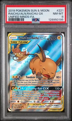 2019 Pokemon Sun & Moon Unified Minds Alolan Raichu & Raichu GX#221 FA PSA 8 - Image 1