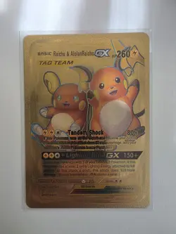 Pokemon TCG Raichu and Alolan Raichu GX Tag Team Ultra Rare Card Gold Foil - Image 1