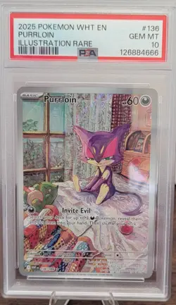 2025 POKEMON WHT EN-WHITE FLARE ILLUSTRATION RARE #136 PURRLOIN PSA 10 - Image 1